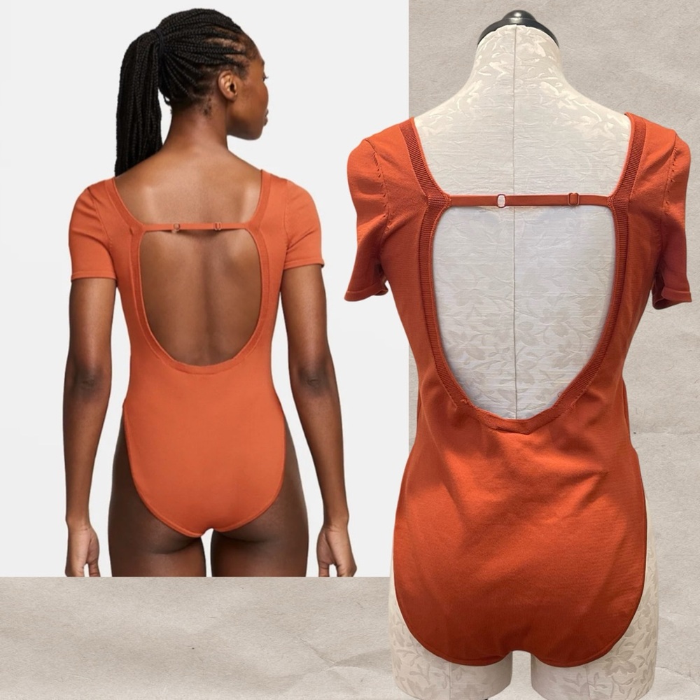 Nike Women's Sportswear Chill Knit Bodysuit Rustic Orange Medium Short Sleeve - Picture 5 of 7